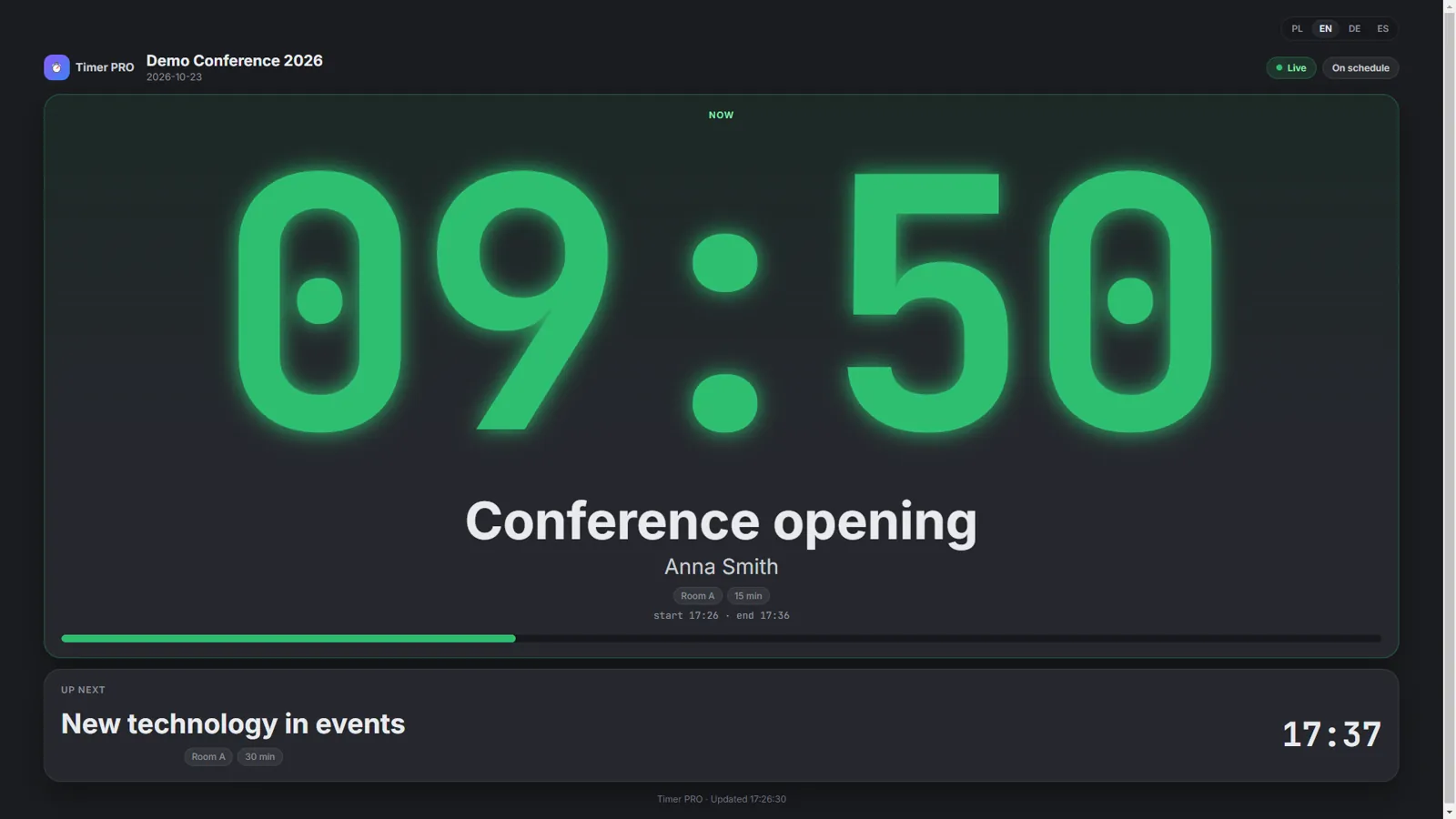 Live conference agenda for the audience