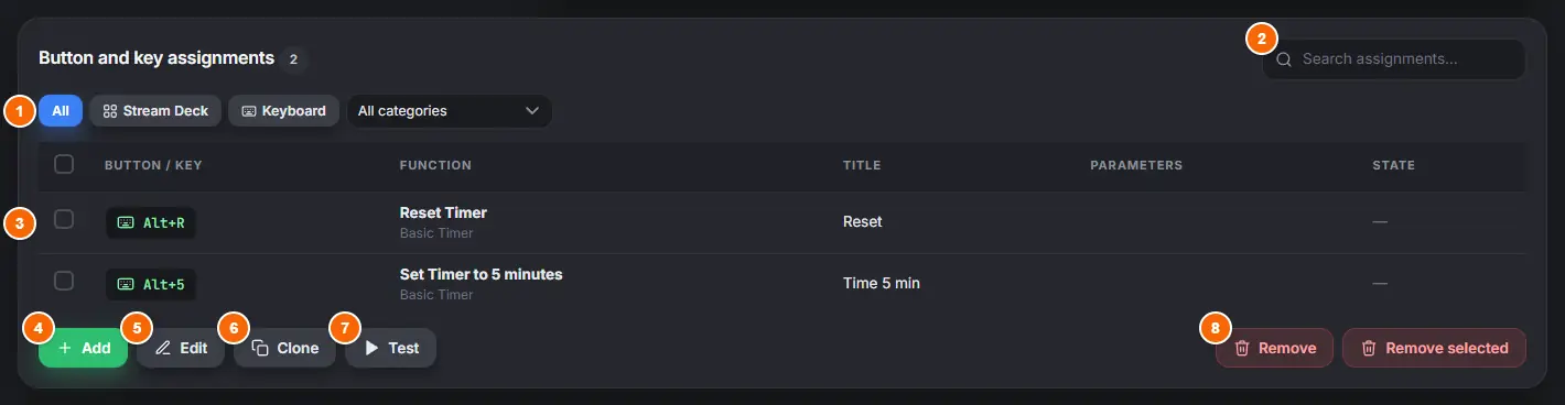 Button and key assignments