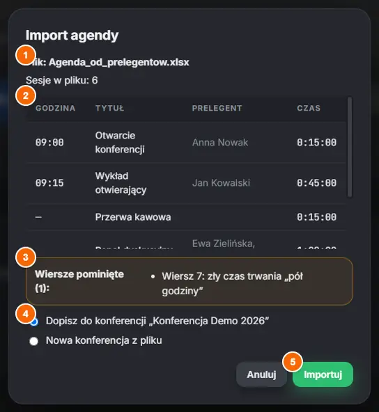 Wzór Excel, import i eksport